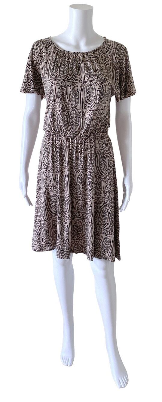 Ann Taylor Loft Dress Womens XS Brown Boho Print Short Sleeve Elastic Waist